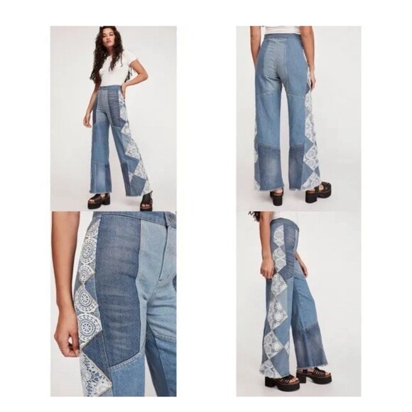 We the Free In My Element Kaleidoscope Patched High Rise Raw Hem Flare Jeans NEW - Picture 2 of 10